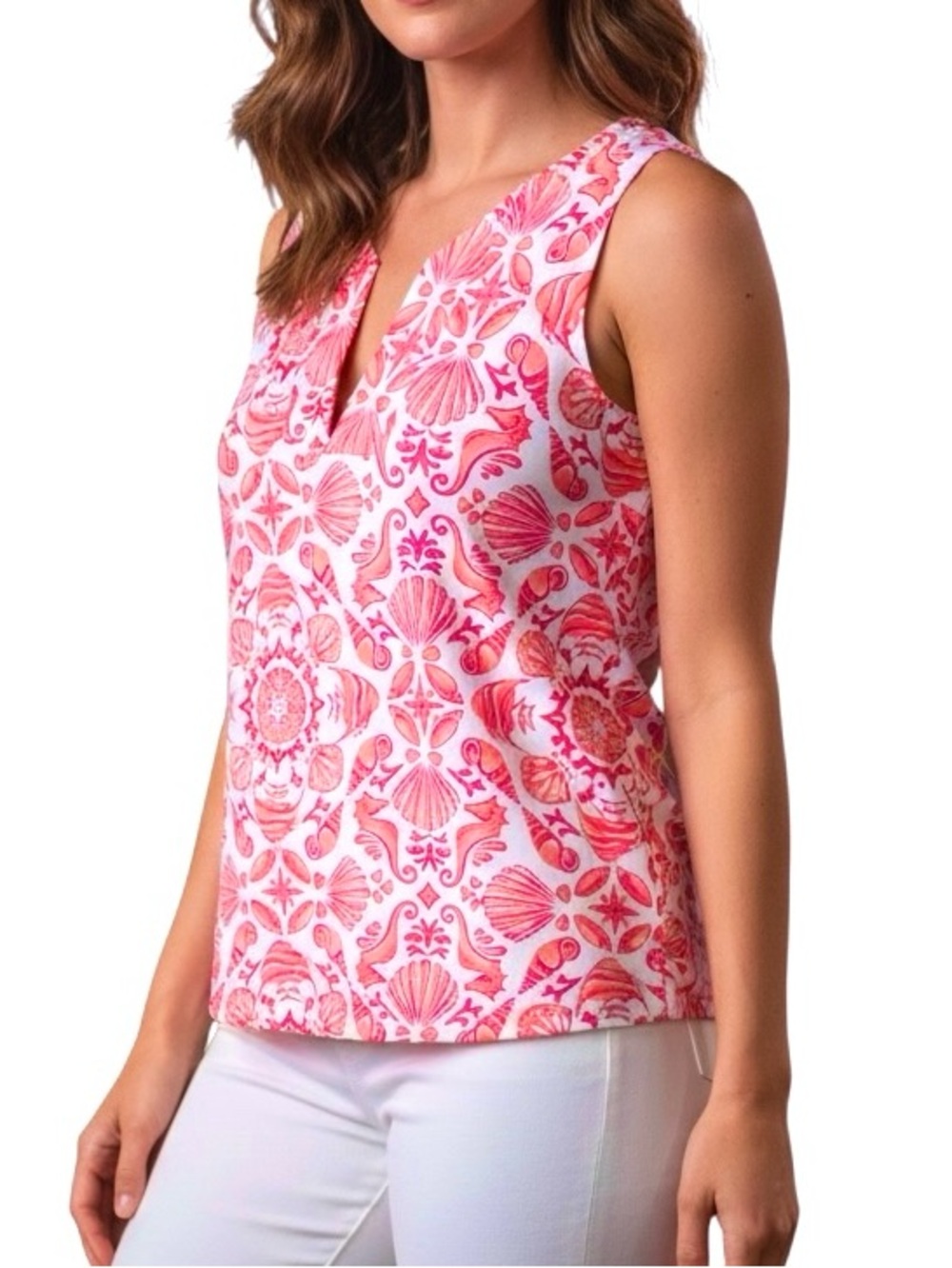 Sunsets & Sweet Tea Top  Pink White Shelf Coral Reef Print Sleeveless Shirt Sz L